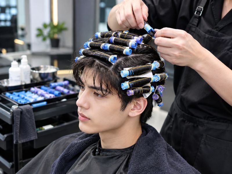 “Korean perm process for men showing hair sectioned and wrapped around perm rods by a professional hairstylist in a modern salon”