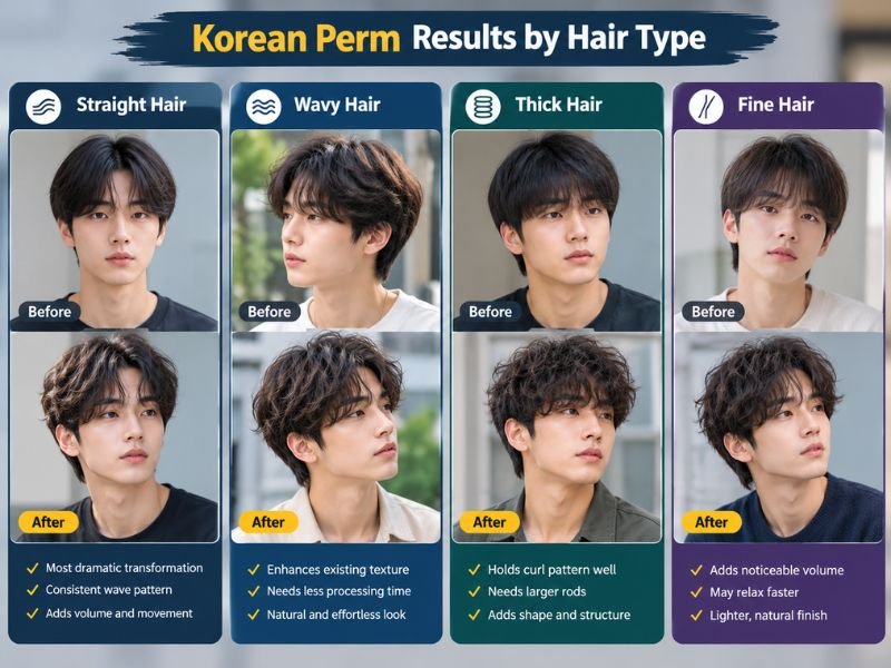 “Korean perm results on different male hair types including straight, wavy, thick, and fine hair with different levels of texture and volume”