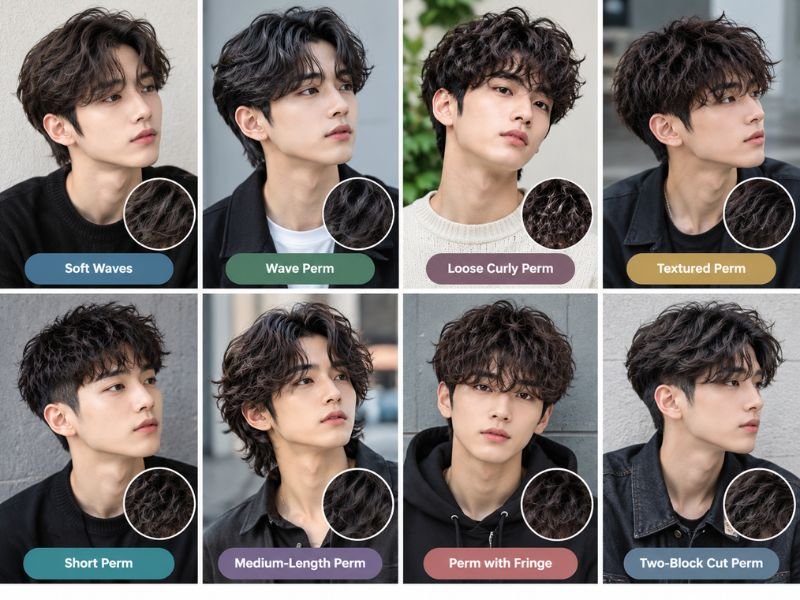 Popular Korean perm styles for men including waves and loose curls