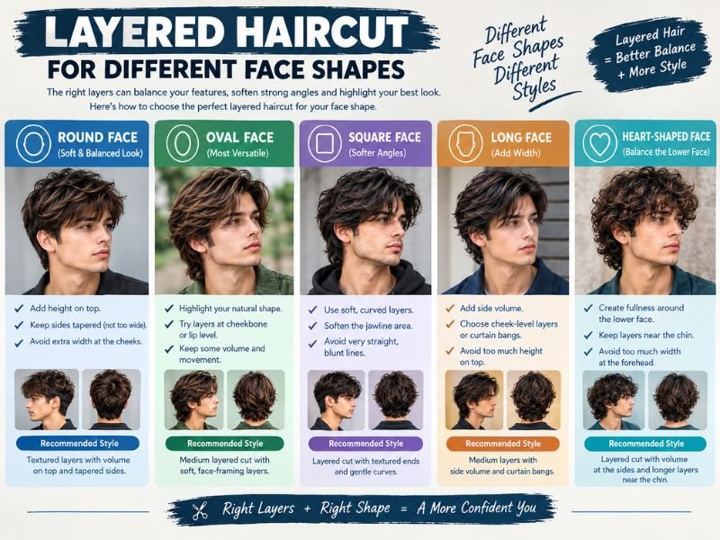 Layered haircut guide showing suitable styles for different face shapes.