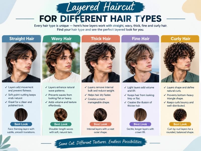 Layered haircut examples for straight, wavy, thick, fine, and curly hair types.