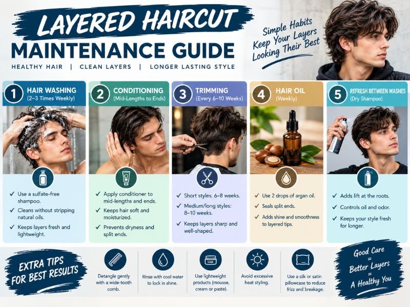 Essential maintenance routine for keeping layered hair healthy, smooth, and defined.
