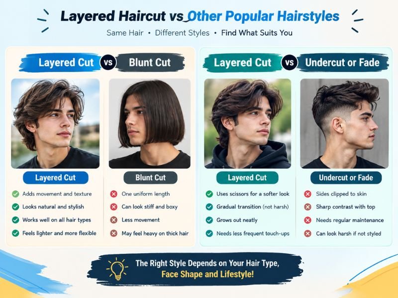 Layered haircut vs blunt cut and undercut fade hairstyle comparison guide