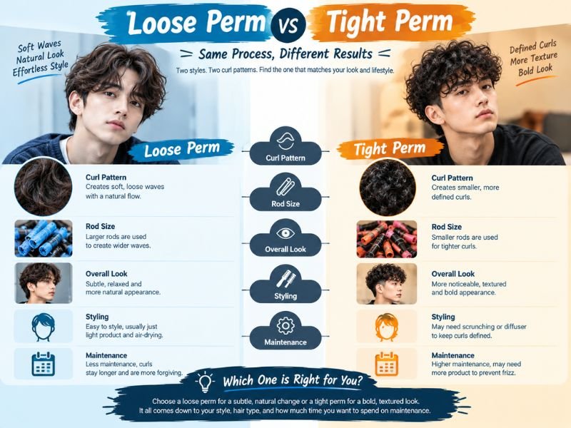 Loose perm versus tight perm showing differences in curl size, rod size, styling, appearance, and maintenance