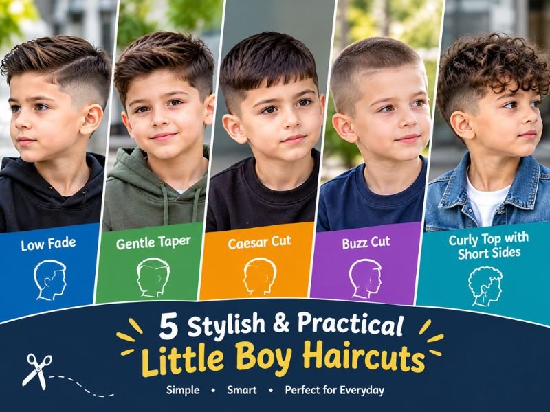 low fade gentle taper Caesar buzz cut and curly top little boy haircuts