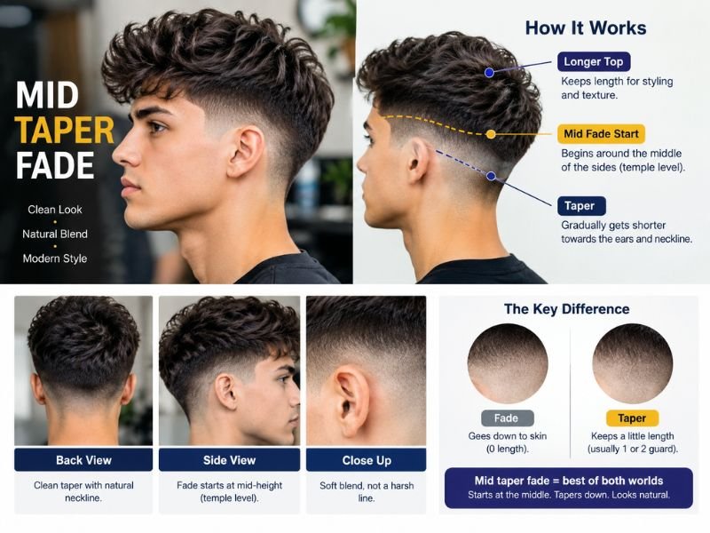 Mid taper fade showing medium fade height and tapered sides