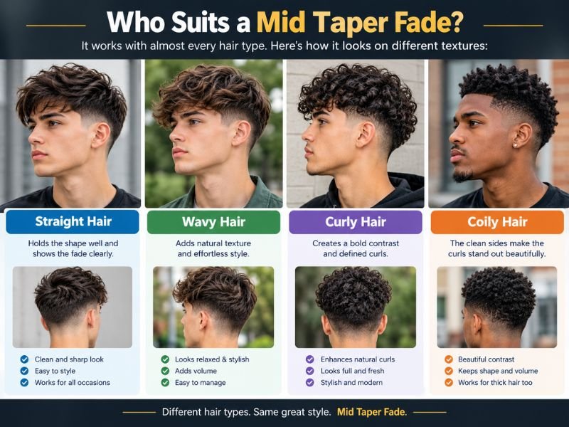 Mid taper fade for straight wavy curly and coily hair types
