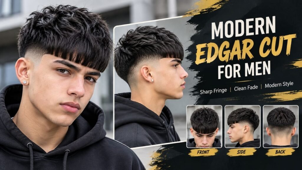 Modern Edgar cut with sharp fringe