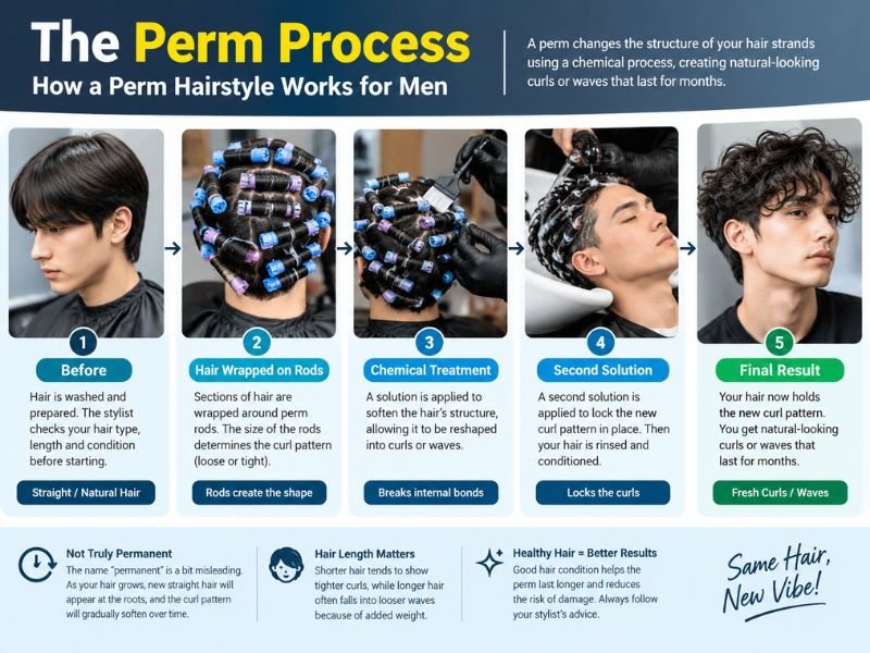 Perm hairstyle process showing hair wrapping, chemical treatment, curl formation, and finished wavy hair for men