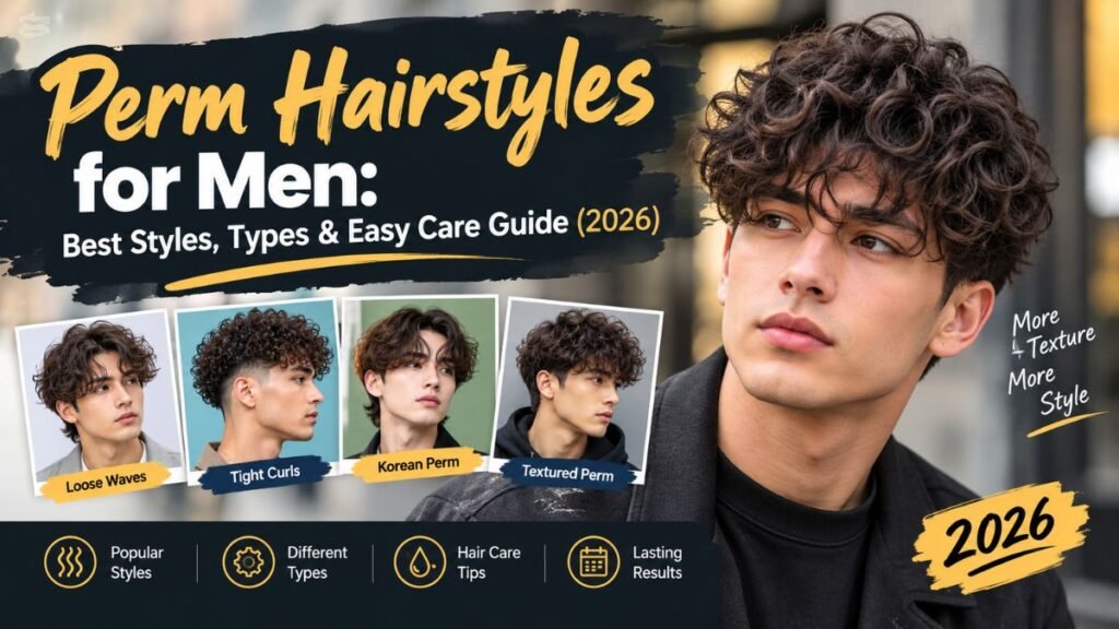 Perm hairstyle for men showing modern curls, waves, texture, and added volume with a clean contemporary haircut