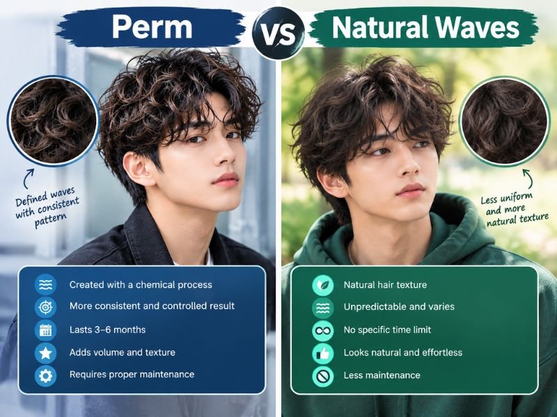 Perm vs natural waves hairstyle comparison for men