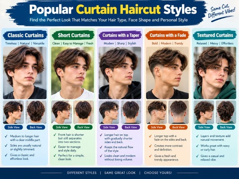 Five popular curtain haircut styles including classic curtains, short curtains, taper curtains, fade curtains, and textured curtains