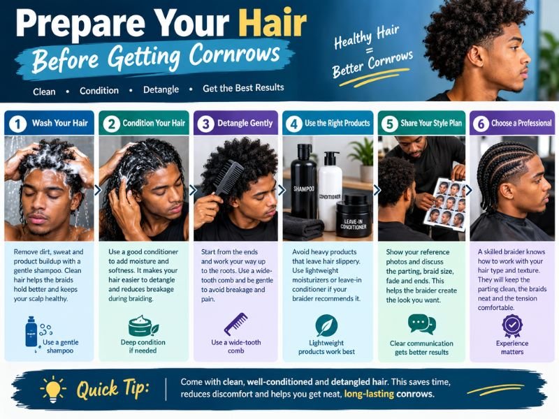 How to prepare men's hair before getting cornrows with washing, conditioning, gentle detangling, and proper hair care.