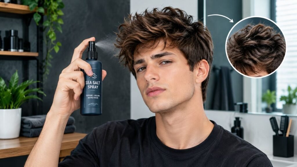 young man using sea salt spray for textured hair