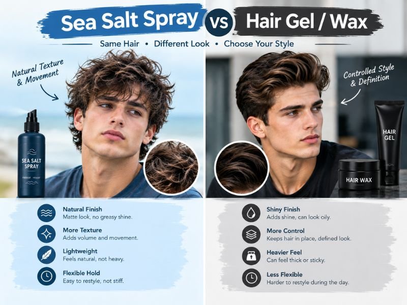sea salt spray compared with hair gel and wax for men's hairstyles