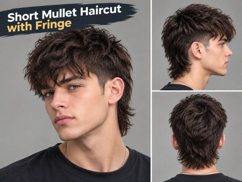 Short mullet with textured fringe for men