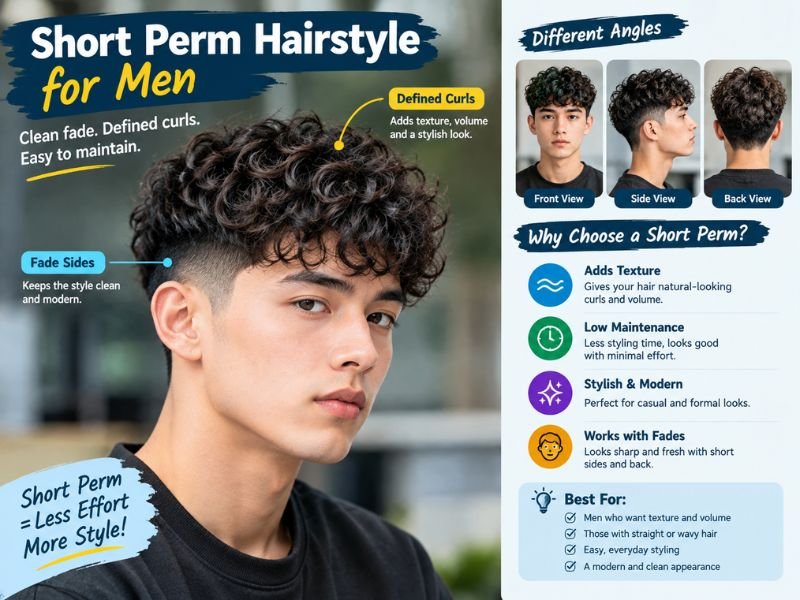 Short perm hairstyle for men with defined curls on top, clean faded sides, and an easy textured finish