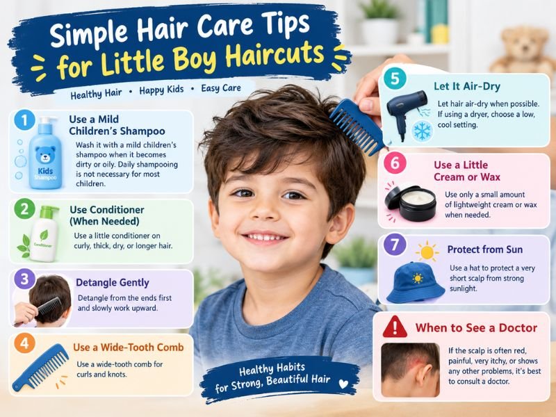 Simple hair care tips for little boy haircuts, including gentle shampooing, conditioning, detangling, air-drying, and scalp protection.