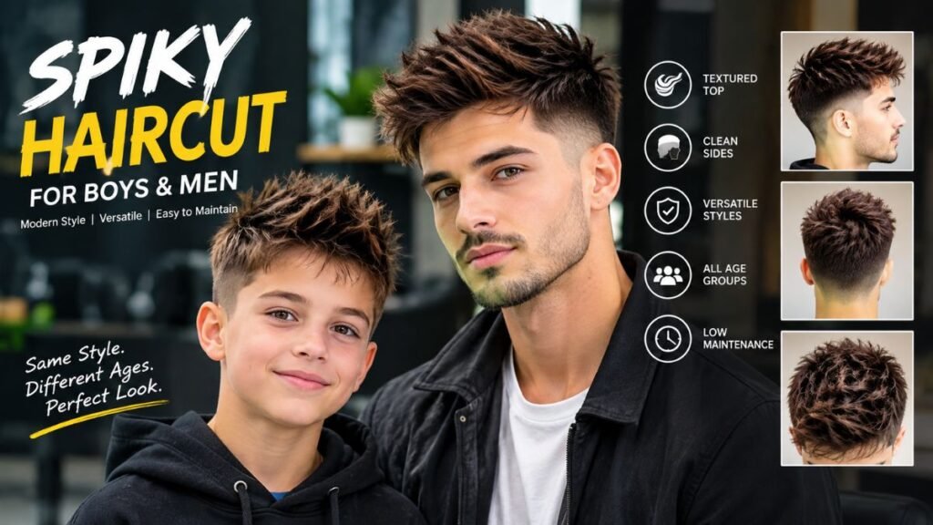Modern spiky haircut for boys and men featuring textured upward spikes, clean faded sides, natural matte finish, and an easy-to-maintain contemporary style.