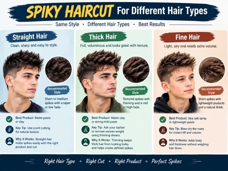 Spiky haircut examples for straight, thick, and fine hair showing different lengths, textures, spike heights, and styling approaches designed to create natural volume and balanced definition