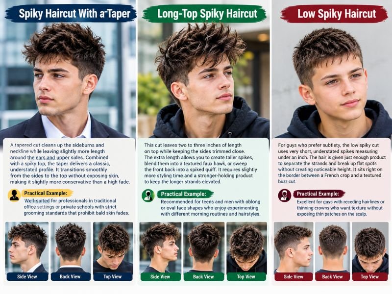 Spiky haircut variations with taper, long top, and low spiky styles for men.
