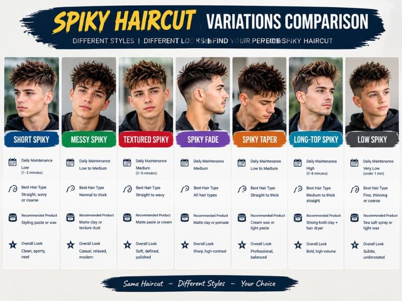 Spiky haircut variations comparison showing short, messy, textured, fade, taper, long-top, and low spiky hairstyles with different maintenance needs, hair types, products, and overall looks.