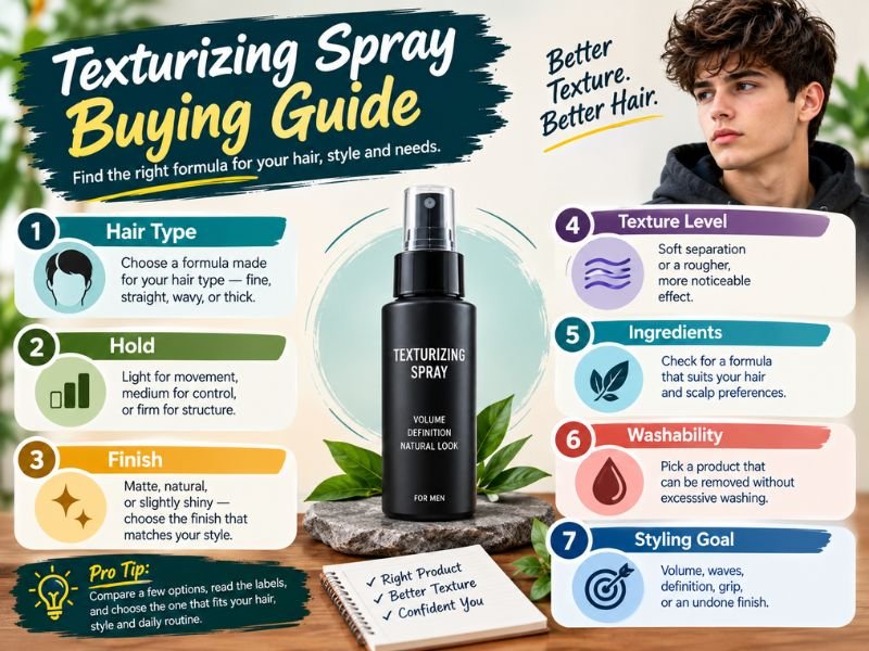 Texturizing spray buying guide showing hair type, hold, finish, texture level, ingredients, washability, and styling goals to help choose the right formula for different hair needs.