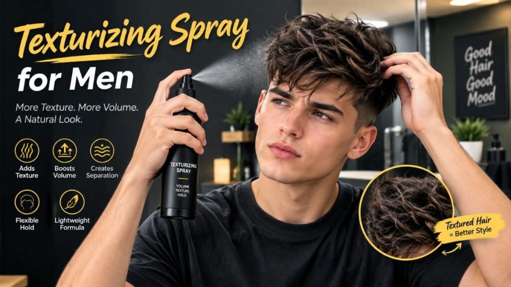 Man with textured hairstyle using texturizing spray