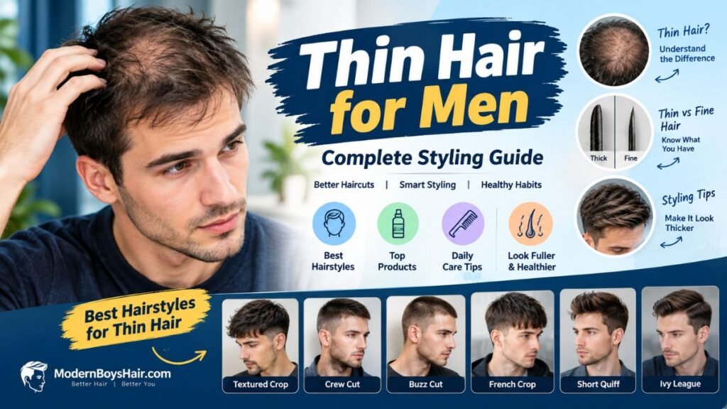 Thin hair for men with a short textured hairstyle that creates a fuller appearance.