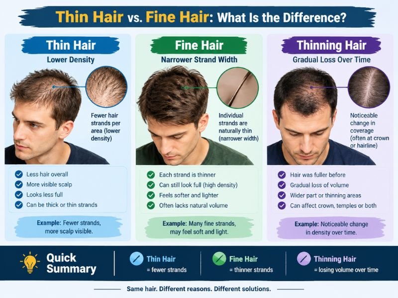 “Visual comparison showing the difference between thin hair, fine hair, and thinning hair in men, with examples of hair density, individual strand width, scalp visibility, and gradual changes in coverage.”