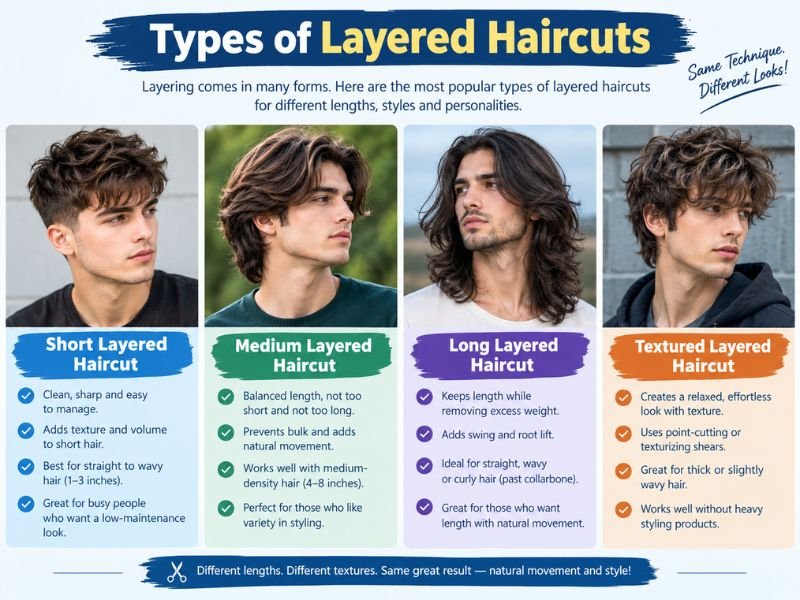Comparison of short, medium, long, and textured layered haircuts