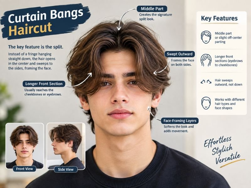 Curtain bangs haircut showing middle part and face-framing front layers