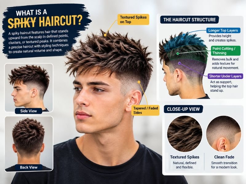 Spiky haircut structure showing shorter supportive layers underneath longer textured strands on top, with defined upward sections and neatly tapered sides for natural volume and shape