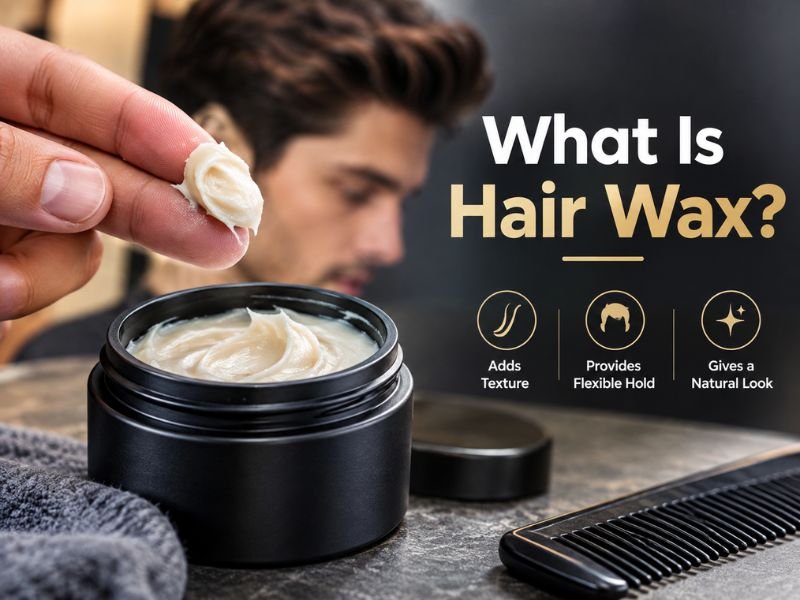 “hair wax on fingertips ready to style a men’s hairstyle”