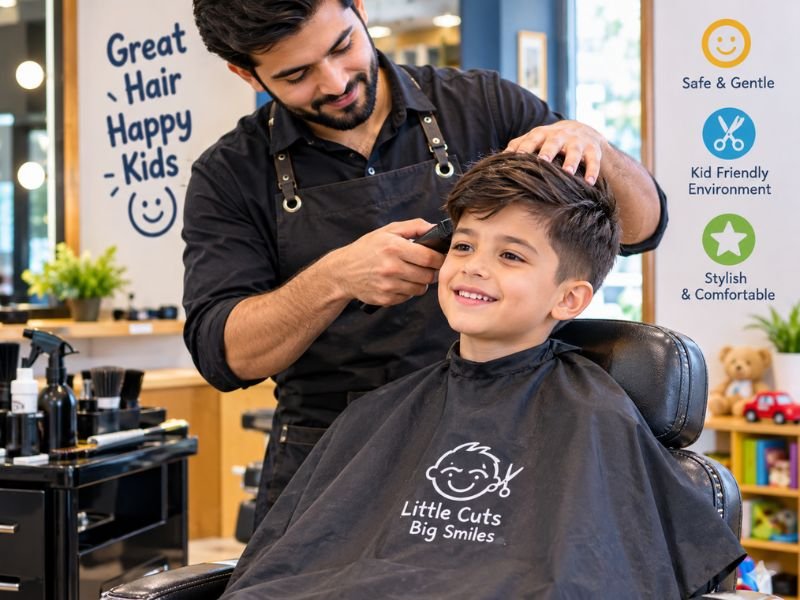 young boy getting a comfortable haircut at a child friendly barbershop